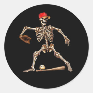 Skelett spielt Baseball Halloween Vintage Baseball Runder Aufkleber