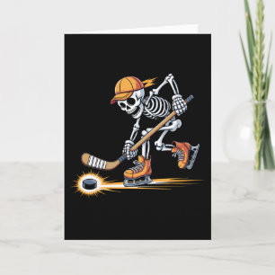 Skelett spielt Hockey auf Schlittschuhen mit Mütze Karte
