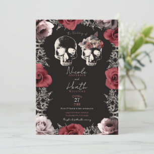 Skelett Totenkopf Mauve Staubrose Gothic Hochzeit Einladung
