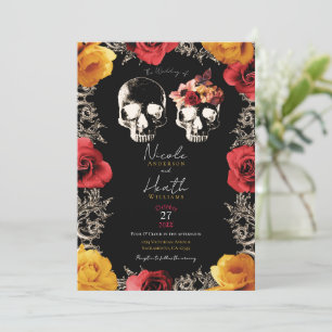 Skelett Totenkopf Rot Gelb Herbst Floral Hochzeit  Einladung