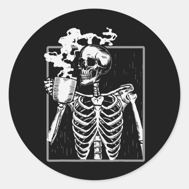 Skelett trinken Kaffee Funny Skull Men Damen Hal Runder Aufkleber (Vorderseite)
