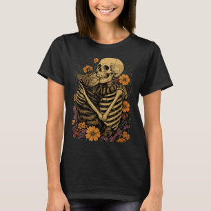 Skelett umarmende Katze Floral Halloween Katzenlie T-Shirt