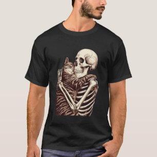 Skelett umarmende Katze Halloween Grusel Style Män T-Shirt