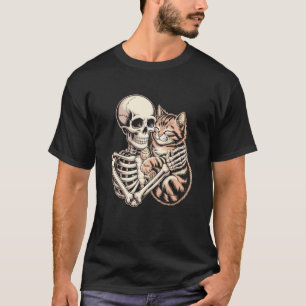 Skelett umarmende Katze Halloween Katzenliebhaber T-Shirt