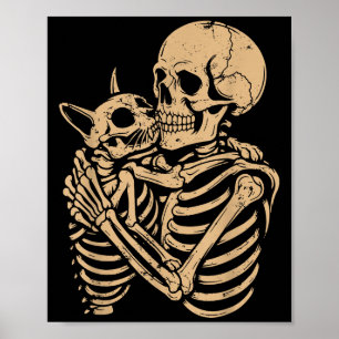 Skelett umarmende Katze Halloween Lustige Katzenli Poster