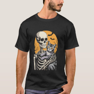 Skelett umarmende Katze Halloween Mond Katzenliebh T-Shirt