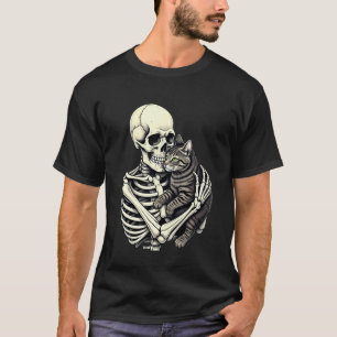 Skelett umarmende Katze Lustige Halloween-Katzenli T-Shirt