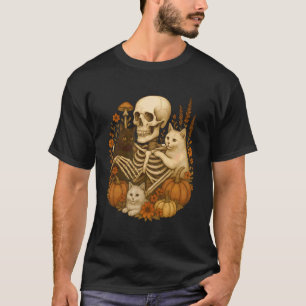 Skelett umarmende Katze Lustige Halloween Katzenli T-Shirt