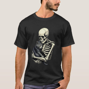 Skelett umarmende Katze Lustige Halloween-Katzenli T-Shirt