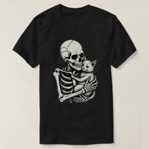 Skelett umarmende Katze Lustiger Halloween Katzenl T-Shirt