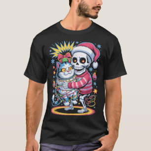Skelett umarmende Katze Retro lustige Weihnachten T-Shirt