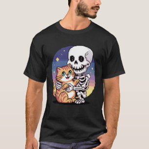 Skelett umarmende Katze Süße Halloween-Grafik Pixe T-Shirt