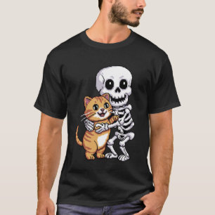Skelett umarmende süße Katze Halloween-Grafik Pixe T-Shirt