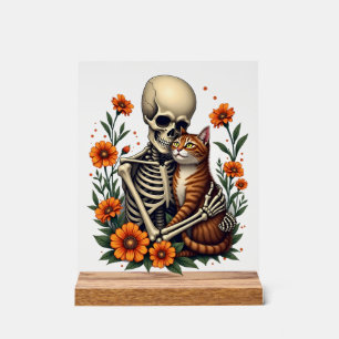 Skelett umarmt Katze Blumen Halloween Katzenliebha Acrylschild