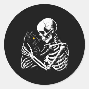 Skelett umarmt schwarze Katze Halloween Gothic Des Runder Aufkleber