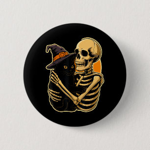 Skelett umarmt schwarze Katze Halloween süße Hexe Button