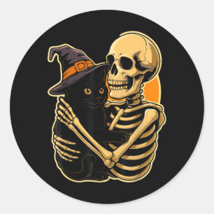 Skelett umarmt schwarze Katze Halloween süße Hexe Runder Aufkleber
