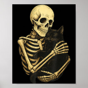 Skelett umarmt schwarze Katze lustiges Halloween Poster