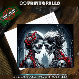 Skelett und Schädel in der Liebe Postkarte