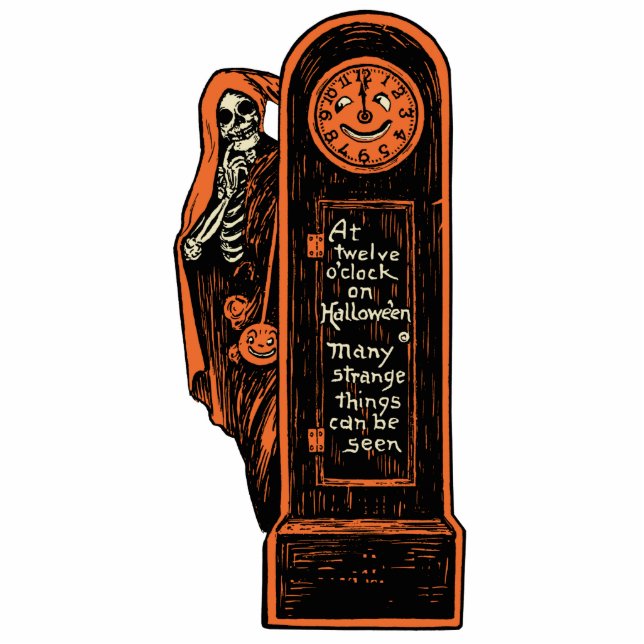 Skelett und Uhr Vintages Halloween Fotoskulptur Ornament (Vorne)