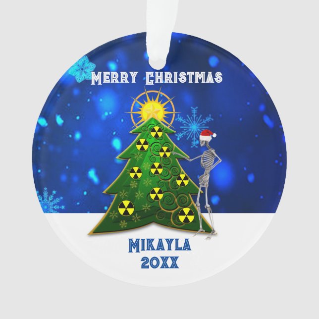 Skelett und Weihnachtsbaum mit Radiationszeichen Ornament (Vorderseite)