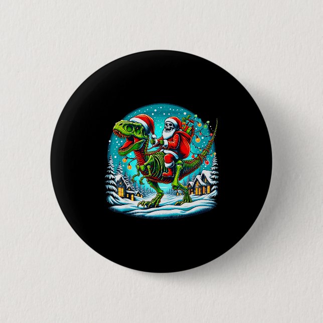 Skelett-Weihnachtsmann reitet T-Rex-Dinosaurier Lu Button (Vorderseite)