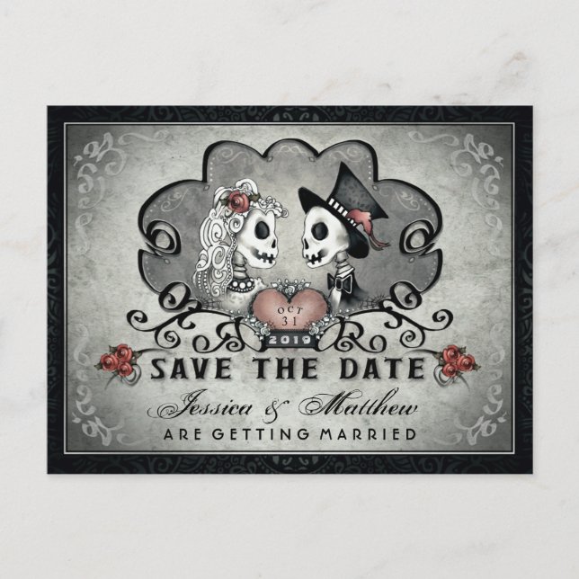 Skelette Schwarzweiß SAVE THE DATE Ankündigungspostkarte (Vorderseite)