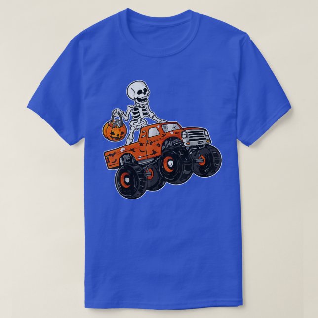 Skeletter Reiten Monster Truck Lazy Halloween Cost T-Shirt (Design vorne)