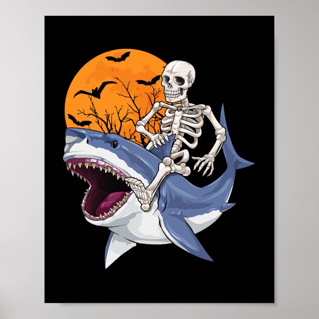 Skeletter Riding Shark Funny Halloween Kostümjäger Poster (Vorne)