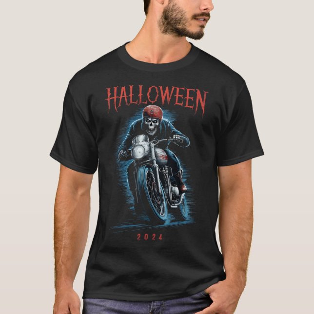 Skelettfahrer zu MotorradHalloween 2024 T-Shirt (Vorderseite)