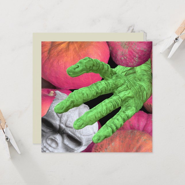 Skelettfingern & Schädel & Kürbisse zu Halloween Einladung (Vorderseite/Rückseite Beispiel)