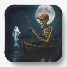 Skelettfischen in einem Holzrowboat Pappteller