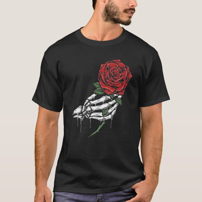 Skeletthand-Holding-Rote Rose T-Shirt (Vorderseite)