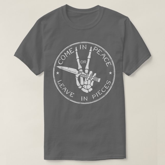 Skeletthand mit Messer kommt in Frieden oder Verla T-Shirt (Design vorne)