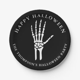 Skeletthand-Silhouette auf Schwarz-Happy Halloween Pappteller