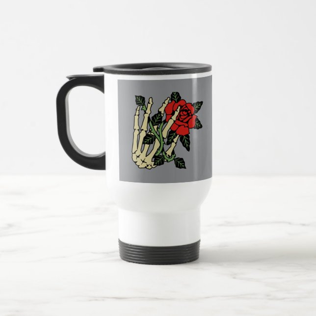 Skeletthandschuh mit Rose Travel Mug - individuell Reisebecher (Links)