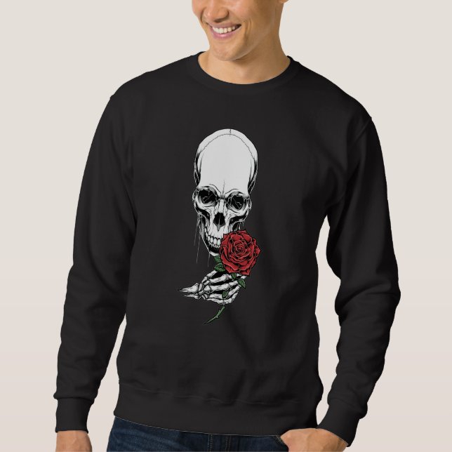 Skelettkopfhalterung Rote Rose Stem Sweatshirt (Vorderseite)