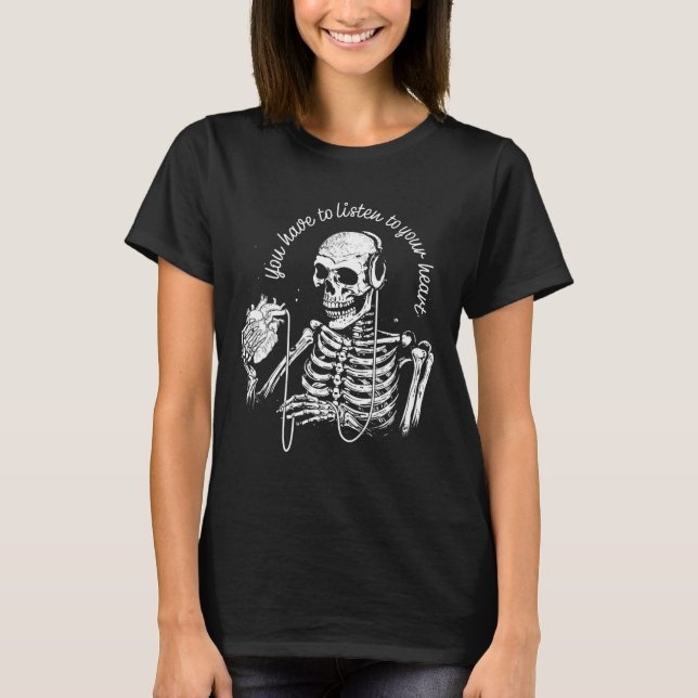 Skelettkopfhörer Herz-Gotische Musik Halloween S T-Shirt (Vorderseite)