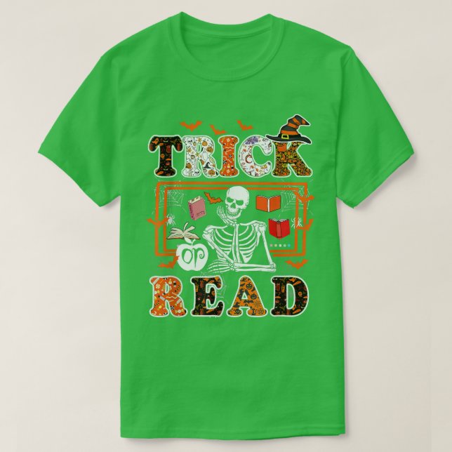 Skelettlehrer Halloween T Trick oder Read Book Re T-Shirt (Design vorne)