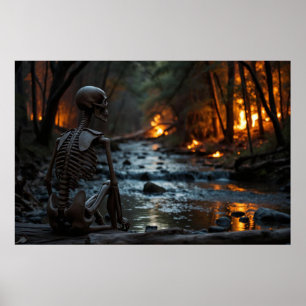 Skeletton beobachten ein Waldfeuer entlang des Flu Poster