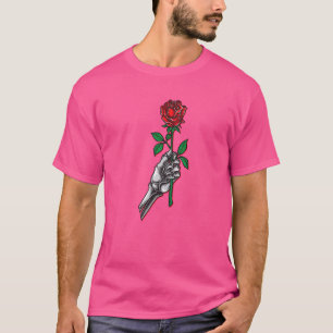 Skeletton Hand Holding Rote Rose Blume Graphic T-Shirt