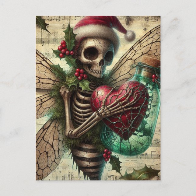 Skeletton Weihnachtsfeier mit einem roten Herz Postkarte (Vorderseite)