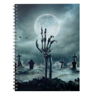 Skeletton Zombie Hand steigt aus einem Grab - H Notizblock