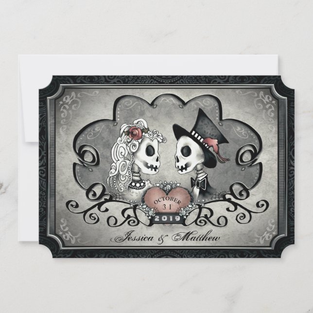 Skelettons Grey Black Heart Wedding "Together with Einladung (Vorderseite)