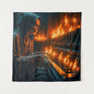 Skelettpianist in flammender Gotik Wandteppich