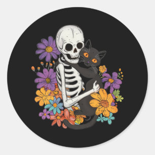 Skeletts Skelett umarmt schwarzes Katzen-BlumenHal Runder Aufkleber