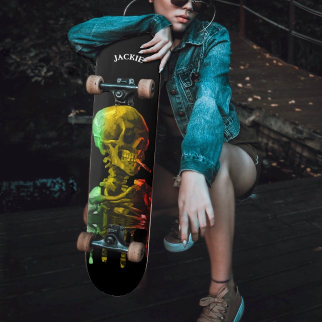 Skelettschädel mit brennender Zigarette Van Gogh Skateboard (Skull of Skeleton with Burning Cigarette Van Gogh Skateboard)