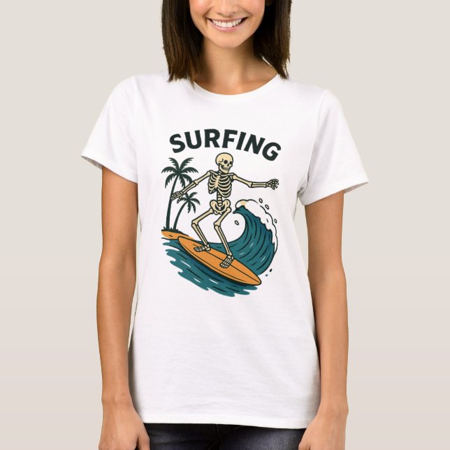 Skelettsurfen Retro Beach Wave Design T-Shirt (Vorderseite)