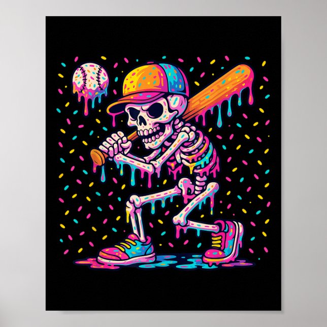 Skelton Playing Baseball Halloween Baseball Drip B Poster (Vorne)