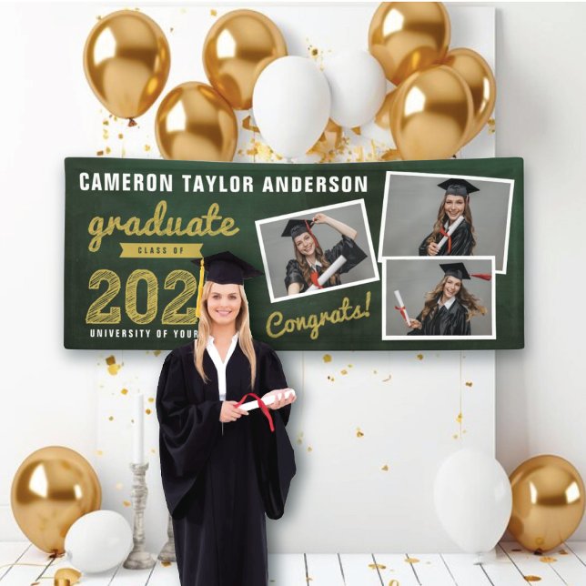 Sketch 2023 Chalkboard Sketch 3 Foto Collage Grad  Banner (2024 Green Chalkboard & Gold Sketch 4 Photo Graduation Party Banner @ www.zazzle.com/color_therapy)